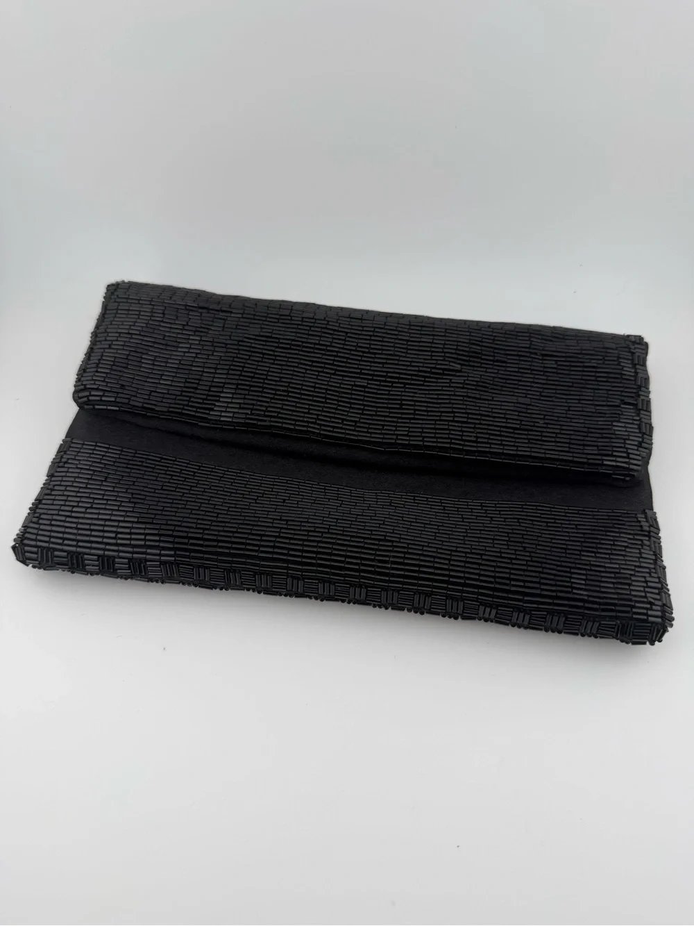 Sondra Roberts Black Bugle Beaded Fold-Over Clutch Evening Bag
